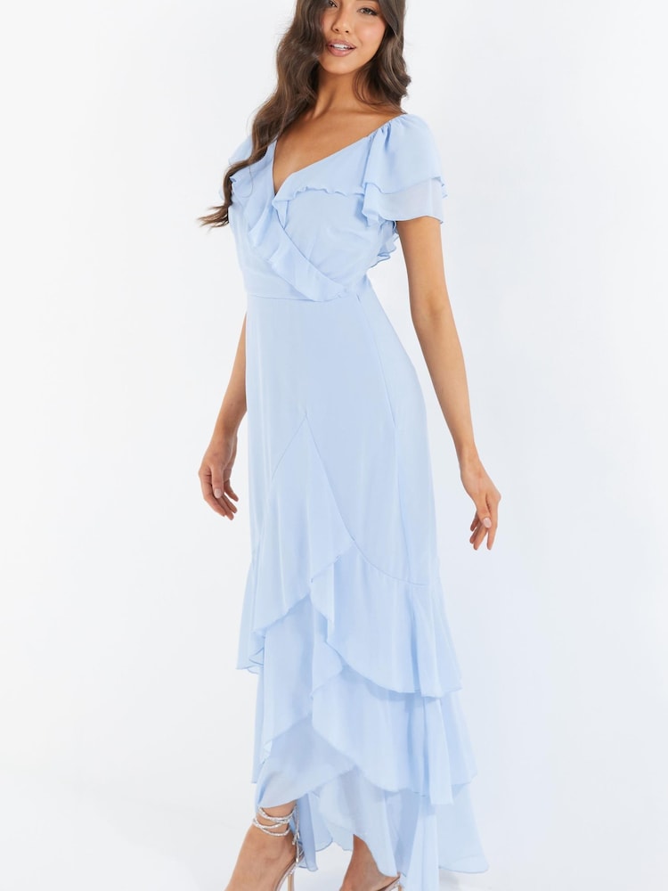 Quiz Light Blue Chiffon Frill Maxi Dress - Image 3 of 5