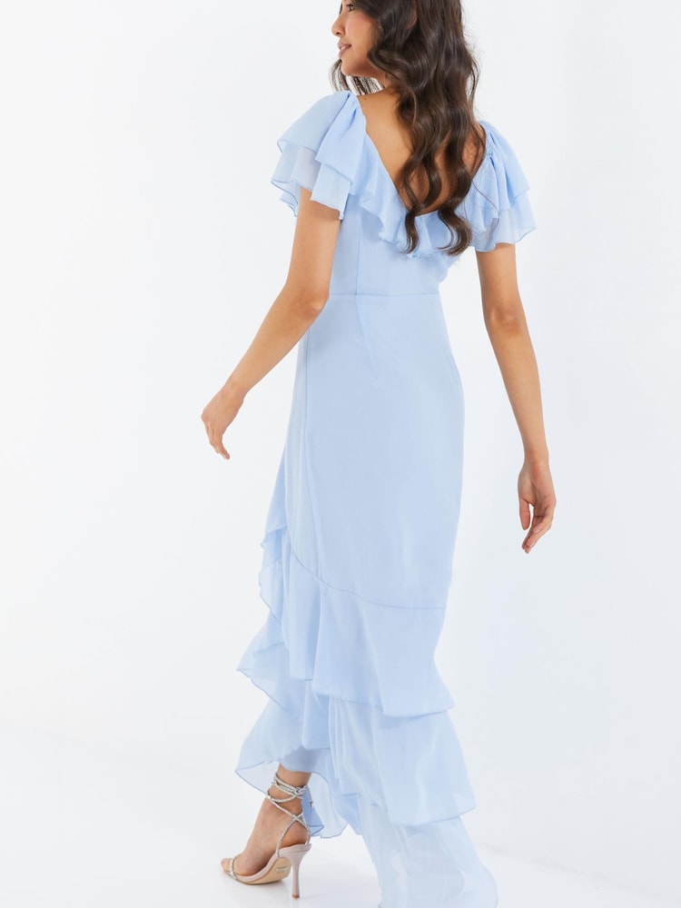 Quiz Light Blue Chiffon Frill Maxi Dress - Image 4 of 5