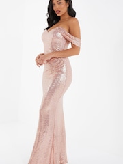 Quiz Light Pink Sequin Bardot Maxi Dress - Image 3 of 5