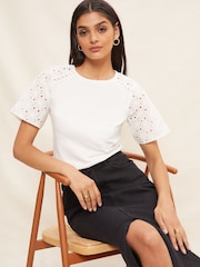 Friends Like These White Flutter Sleeve Broderie T-Shirt - Image 1 of 4