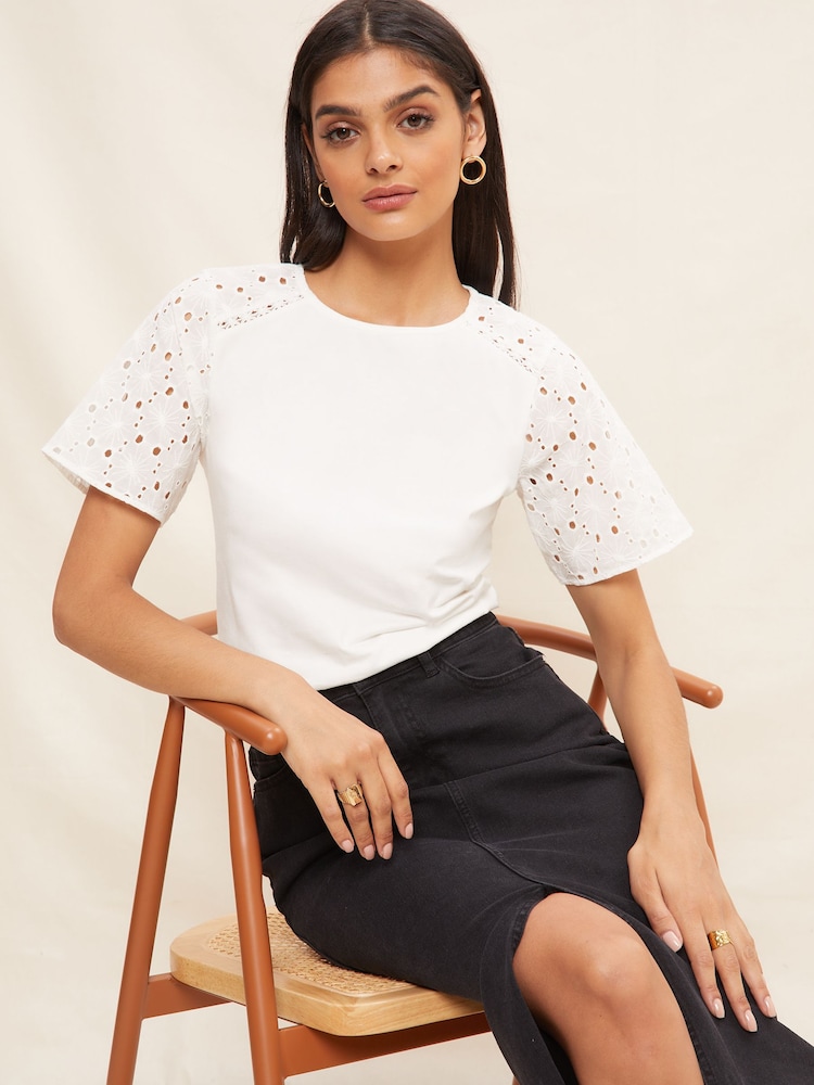 Friends Like These White Flutter Sleeve Broderie T-Shirt - Image 1 of 4