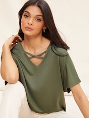 Friends Like These Khaki Green Criss Cross Short Sleeve V Neck Tunic Top - Image 1 of 4