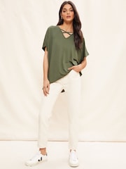 Friends Like These Khaki Green Criss Cross Short Sleeve V Neck Tunic Top - Image 3 of 4