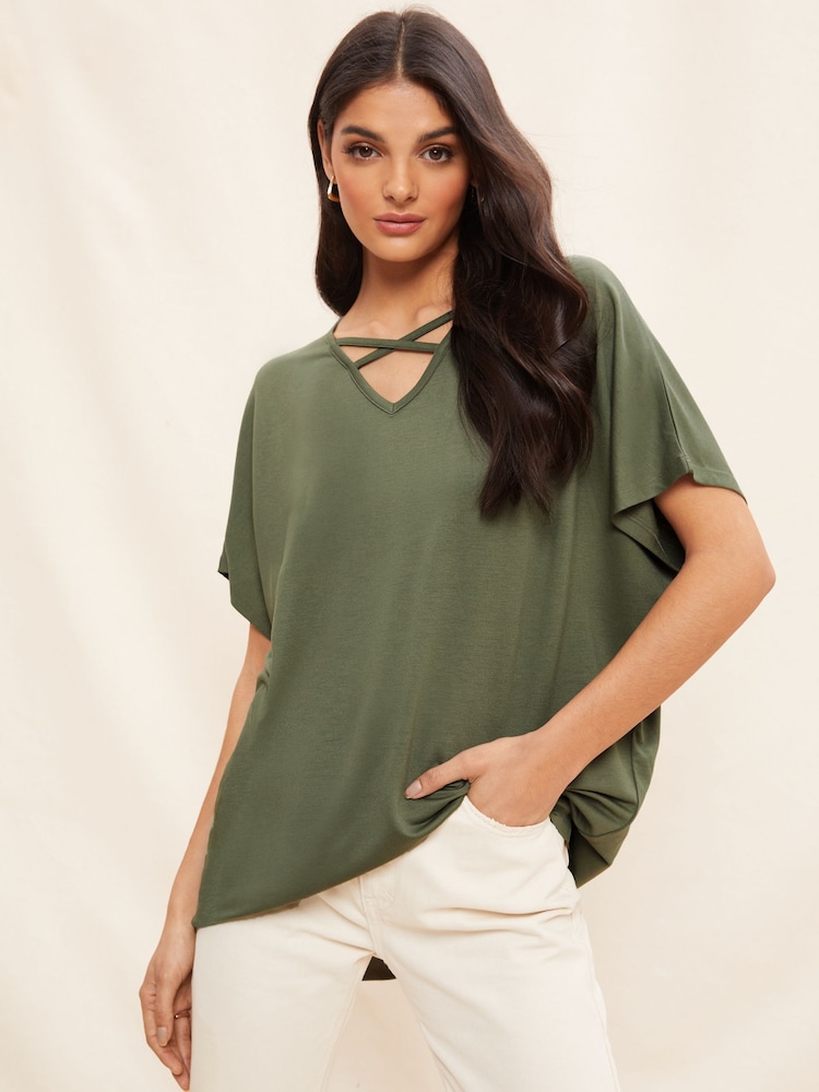 Friends Like These Khaki Green Criss Cross Short Sleeve V Neck Tunic Top - Image 4 of 4