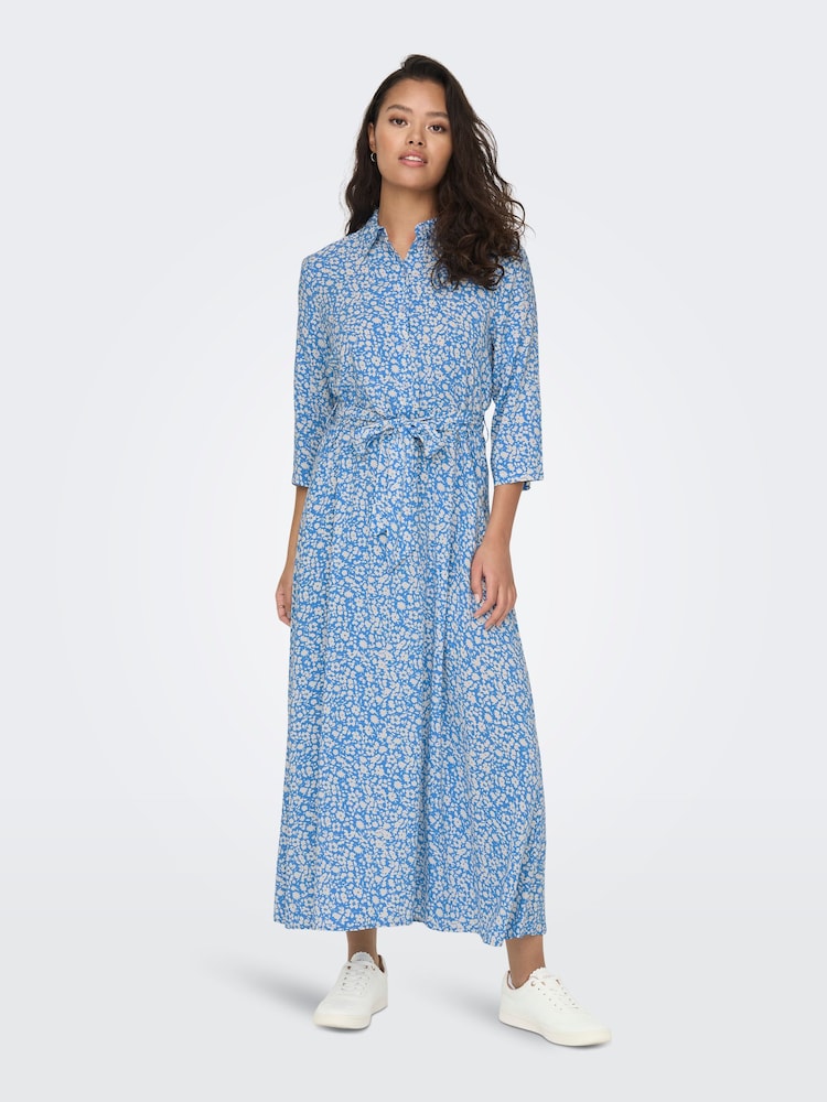 JDY Blue Ditsy Floral Printed Midi Shirt Dress - Image 1 of 5