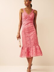Maya Pink V Neck Fitted Lace Midi Dress - Image 1 of 5