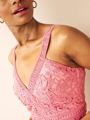 Maya Pink V Neck Fitted Lace Midi Dress - Image 5 of 5