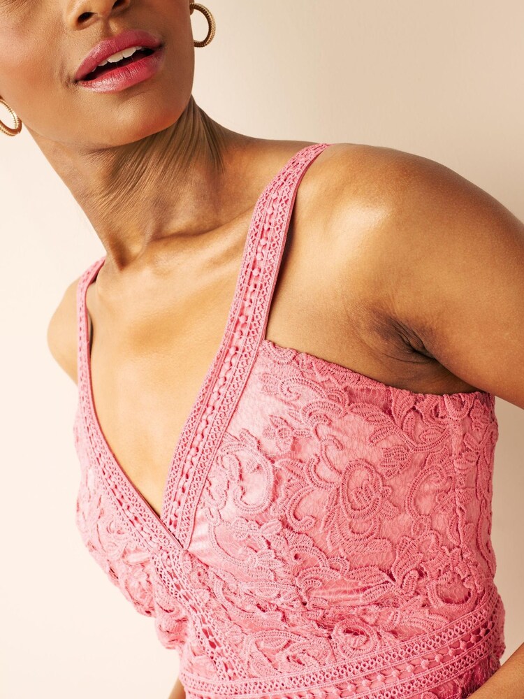 Maya Pink V Neck Fitted Lace Midi Dress - Image 5 of 5