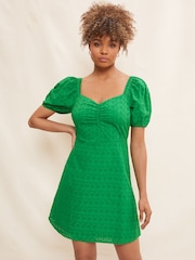 Friends Like These Green Broderie Sweetheart Puff Sleeve Mini Dress - Image 1 of 4