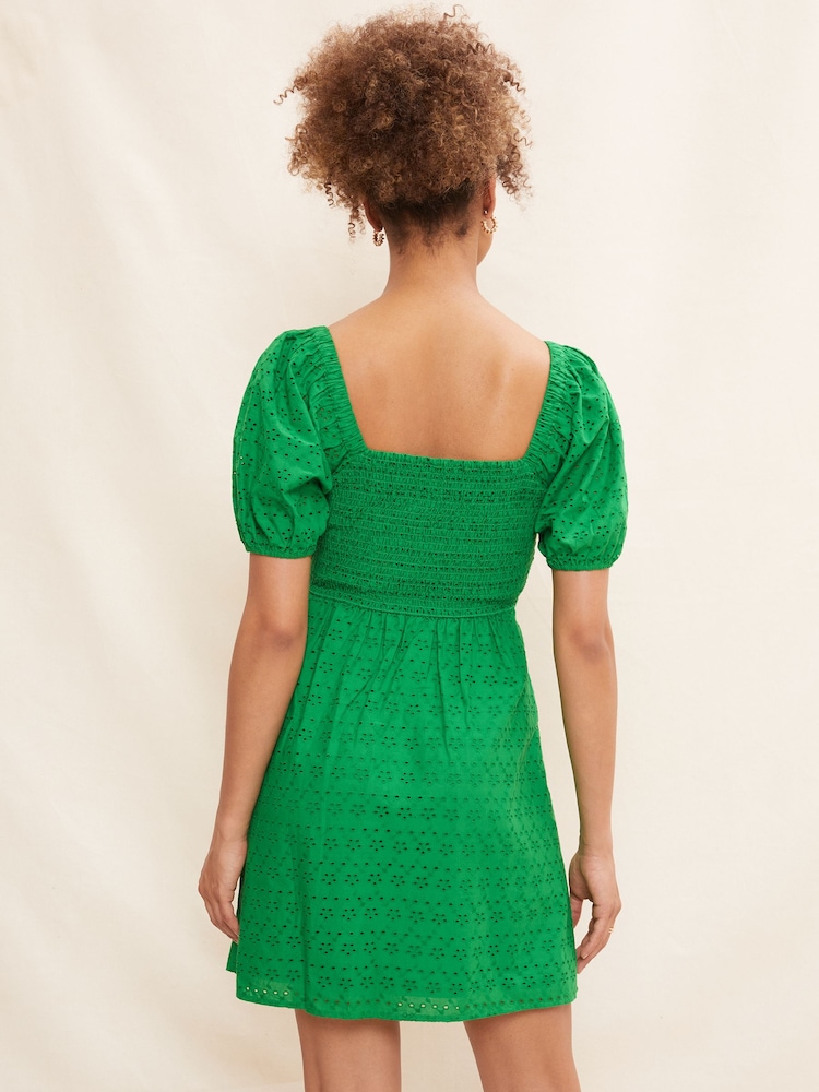 Friends Like These Green Broderie Sweetheart Puff Sleeve Mini Dress - Image 2 of 4