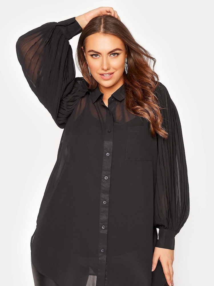 Yours Curve Black London Pleat Sleeve Shirt - Image 1 of 4