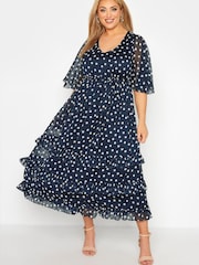 Yours Curve Blue London Ruffle V-Neck Dress - Image 1 of 4