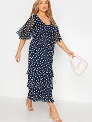 Yours Curve Blue London Ruffle V-Neck Dress - Image 2 of 4