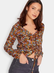 Long Tall Sally Black Ditsy Floral Print Ruched Long Sleeve Top - Image 1 of 5