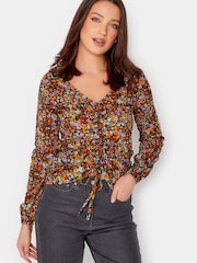 Long Tall Sally Black Ditsy Floral Print Ruched Long Sleeve Top - Image 2 of 5