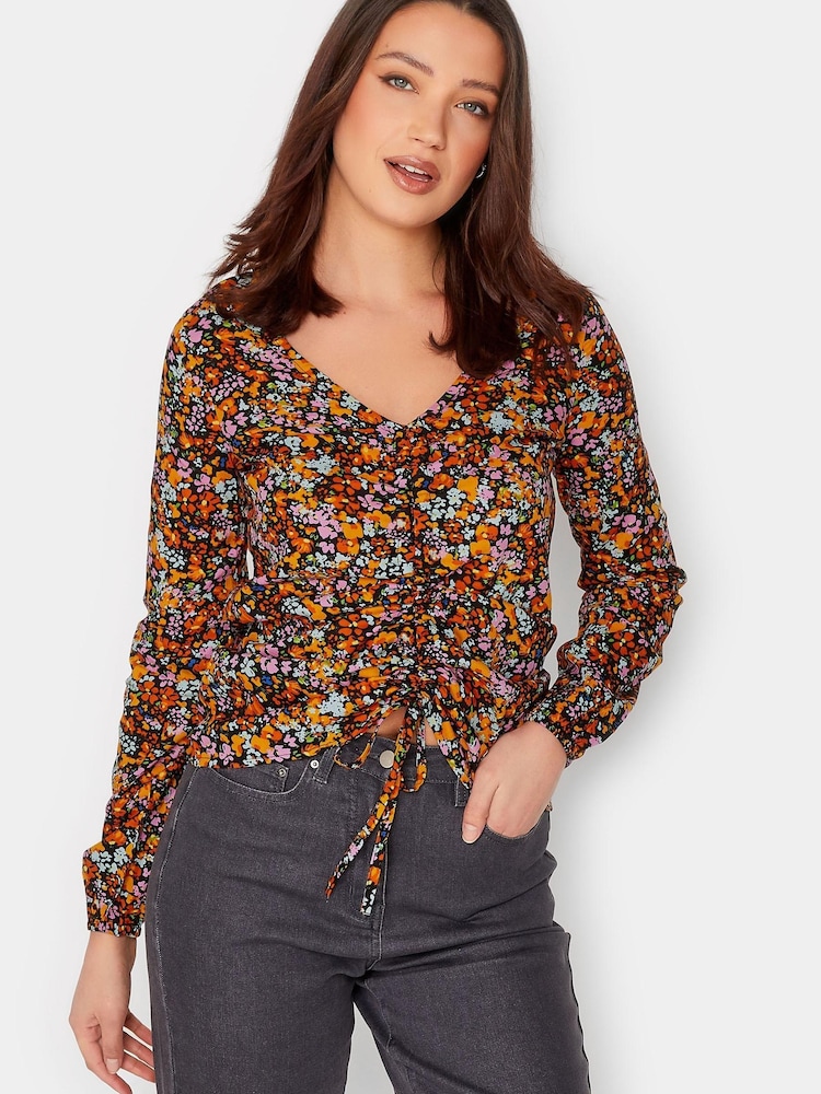 Long Tall Sally Black Ditsy Floral Print Ruched Long Sleeve Top - Image 2 of 5