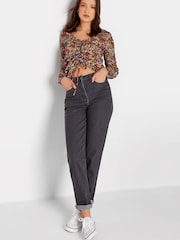 Long Tall Sally Black Ditsy Floral Print Ruched Long Sleeve Top - Image 3 of 5