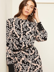 Love & Roses Black Floral High Neck Jersey Pleated Midi Jersey Dress - Image 2 of 4