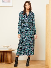 Love & Roses Blue Animal Printed V Neck Belted Shirt Dress - Image 1 of 4