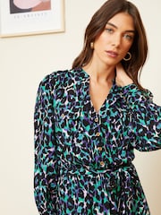 Love & Roses Blue Animal Printed V Neck Belted Shirt Dress - Image 2 of 4