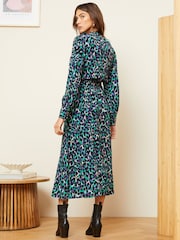 Love & Roses Blue Animal Printed V Neck Belted Shirt Dress - Image 3 of 4