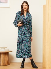 Love & Roses Blue Animal Printed V Neck Belted Shirt Dress - Image 4 of 4