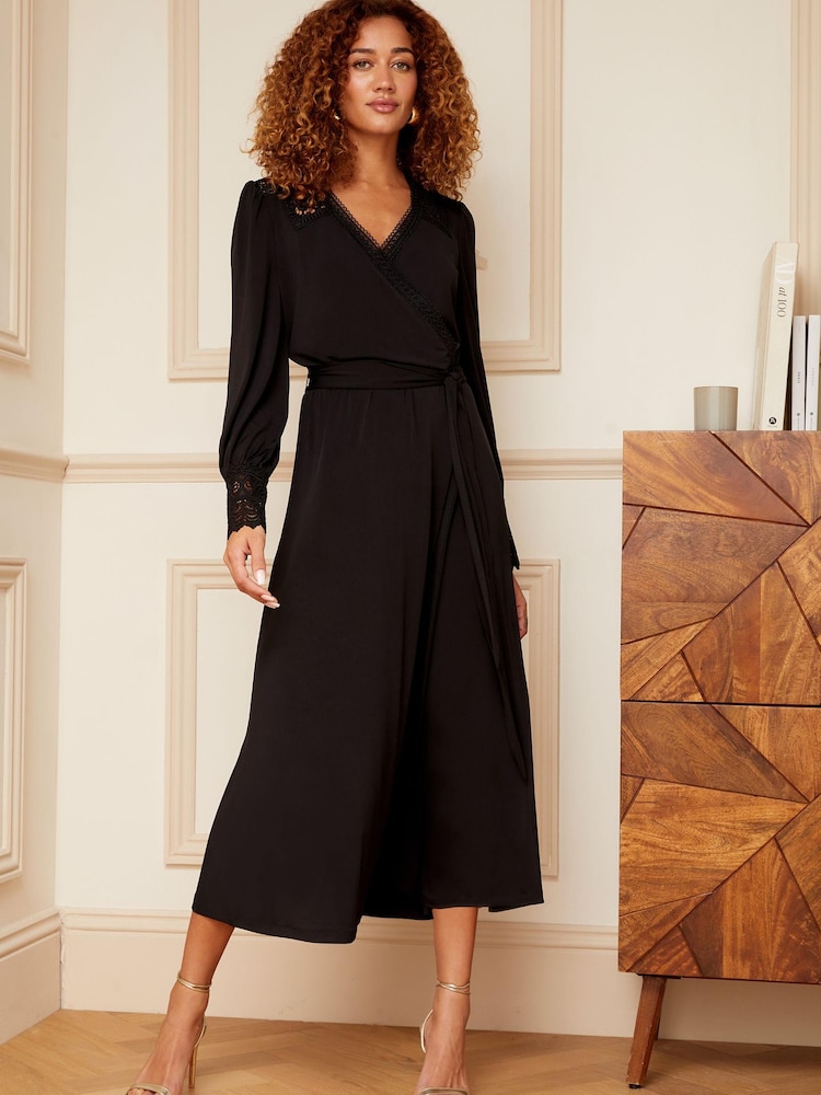 Love & Roses Black Jersey Wrap Long Sleeve Midi Dress - Image 1 of 4