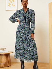 Love & Roses Black Ditsy Printed V Neck Belted Long Sleeve Midi Dress - Image 1 of 4