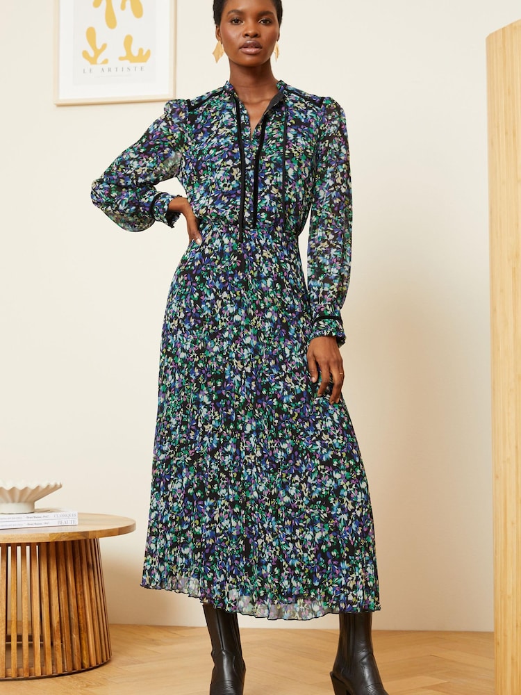 Love & Roses Black Ditsy Printed V Neck Belted Long Sleeve Midi Dress - Image 1 of 4