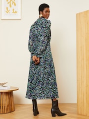 Love & Roses Black Ditsy Printed V Neck Belted Long Sleeve Midi Dress - Image 3 of 4