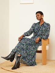 Love & Roses Black Ditsy Printed V Neck Belted Long Sleeve Midi Dress - Image 4 of 4