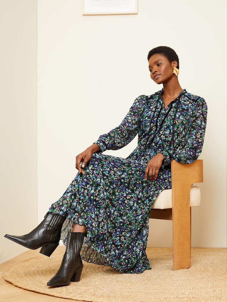 Love & Roses Black Ditsy Printed V Neck Belted Long Sleeve Midi Dress - Image 4 of 4