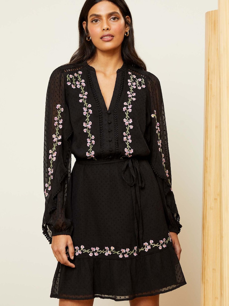 Love & Roses Black Embroidery Chiffon V Neck Elasticated Sleeve Belted Mini Dress - Image 1 of 4