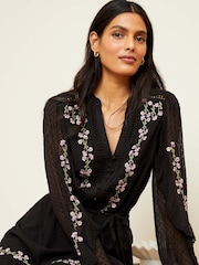 Love & Roses Black Embroidery Chiffon V Neck Elasticated Sleeve Belted Mini Dress - Image 2 of 4