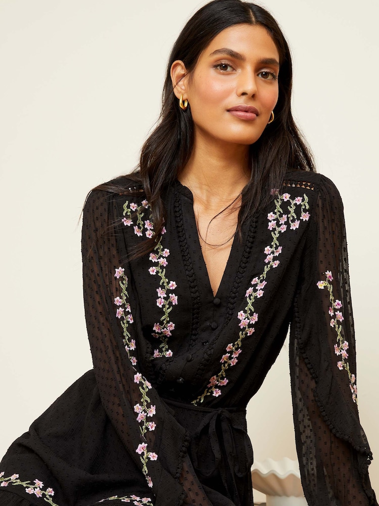 Love & Roses Black Embroidery Chiffon V Neck Elasticated Sleeve Belted Mini Dress - Image 2 of 4