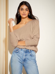 Friends Like These Neutral Soft Cosy Jersey Slash Neck Long Sleeve Tunic Top - Image 1 of 4