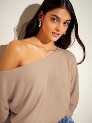 Friends Like These Neutral Soft Cosy Jersey Slash Neck Long Sleeve Tunic Top - Image 3 of 4
