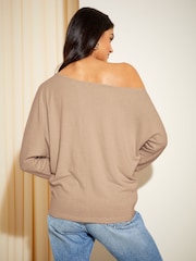 Friends Like These Neutral Soft Cosy Jersey Slash Neck Long Sleeve Tunic Top - Image 4 of 4