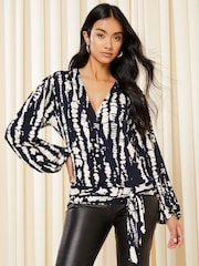 Friends Like These Grey Tie Dye Long Sleeve Jersey Wrap Top - Image 1 of 4