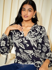 Friends Like These Blue Paisley Long Sleeve Jersey Wrap Top - Image 1 of 4