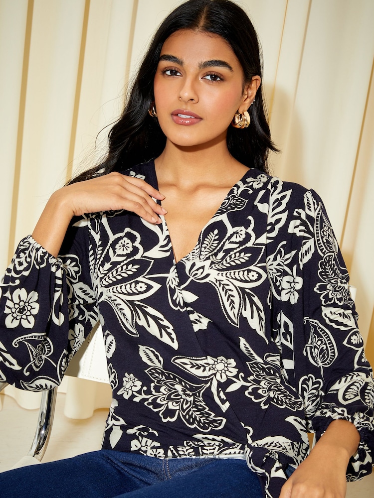 Friends Like These Blue Paisley Long Sleeve Jersey Wrap Top - Image 1 of 4
