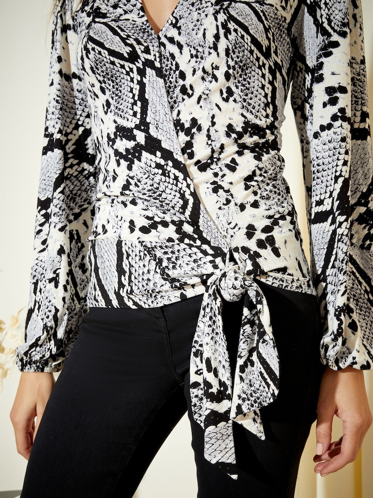 Friends Like These Black/White Snake Animal Long Sleeve Jersey Wrap Top - Image 2 of 4