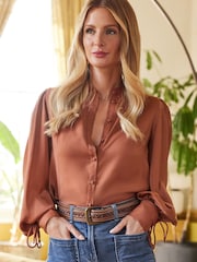 Friends Like These Rust Brown Petite Tie Cuff Puff Sleeve Button Through Blouse - Image 1 of 4