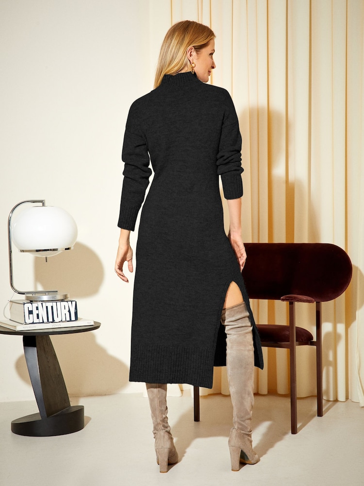 Friends Like These Black Petite Cosy Roll Neck 3/4 Sleeve Knitted Midi Dress - Image 3 of 3
