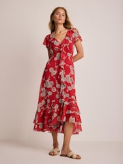 Mint Velvet Red Floral Print Ruffle Midi Dress - Image 1 of 6