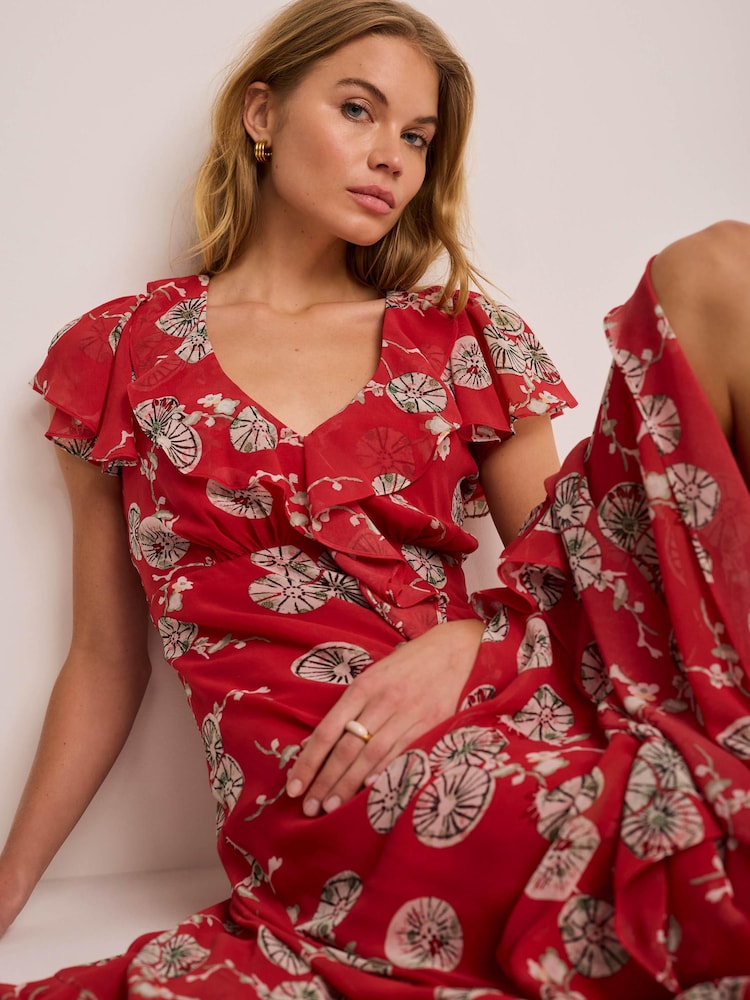 Mint Velvet Red Floral Print Ruffle Midi Dress - Image 2 of 6 Mint Velvet Red Floral Print Ruffle Midi Dress - Image 2 of 6