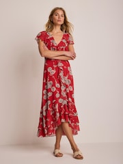 Mint Velvet Red Floral Print Ruffle Midi Dress - Image 3 of 6