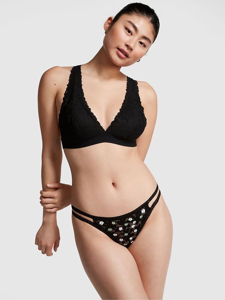 Victoria's Secret PINK Pure Black Embroidery Strappy Lace Thong Knickers - Image 1 of 3