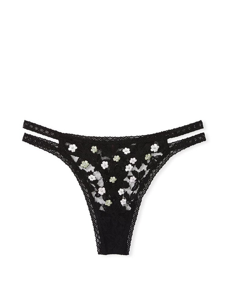 Victoria's Secret PINK Pure Black Embroidery Strappy Lace Thong Knickers - Image 3 of 3