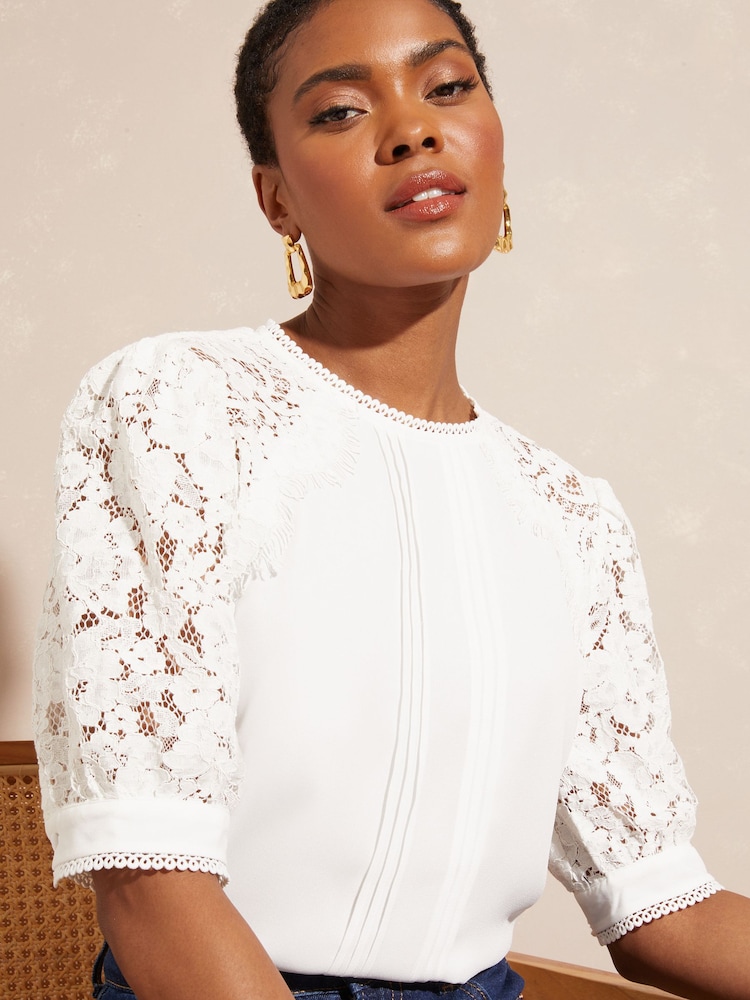 Love & Roses Ivory Short Sleeve Lace Trim Bow Back Blouse - Image 1 of 4
